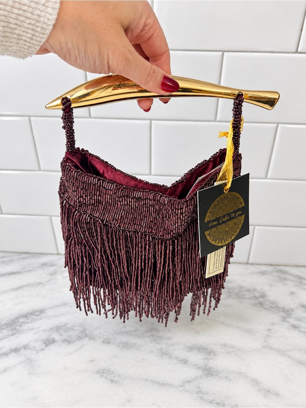 Viral Made In India Burgundy Magenta Beaded Fringe Bag Gold Handle Clutch NWT